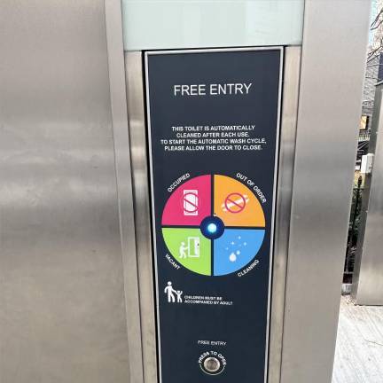 The new public restrooms use a novel method of self-cleaning, pictured (and described) above.