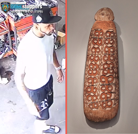 Left: Wanted for attempted robbery. Right: An Asmat war shield.