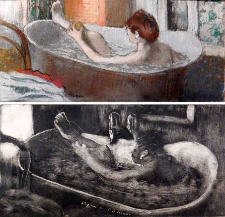 Top: Edgar Degas, &quot;Woman in Her Bath, Sponging Her Leg,&quot; c. 1880-1885. Pastel over monotype on paper, Mus&#xe9;e d'Orsay, Paris. Bottom: Degas, &quot;Woman in a Bathtub&quot;, c. 1880-1885. Monotype on paper, Private Collection. Photos: Adel Gorgy.