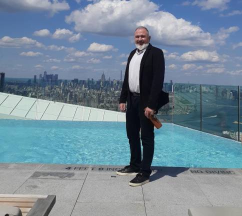 Anthony Conlon by the infinity pool at Brooklyn Point. Photo: Karen Camela Watson