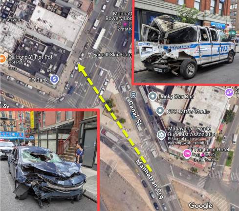 Path of fatal crash off Manhattan Bridge onto Bowery near Canal Street.