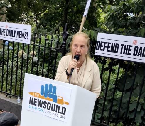 Gale Brewer rocks the mic at the Daily News Union rally July 14, 2025. She says she still reads the paper in print.