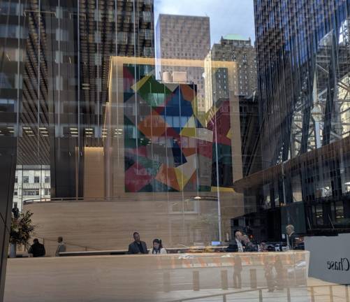 Gerhard Richter is in the lobby, seen from outside on Park Avenue.