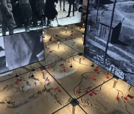 Map of Europe where the flags represent thousands of concentration camps and other elimination sites run by Nazi Germany during WWII. It’s one of the exhibits on display at the Center for Jewish History.