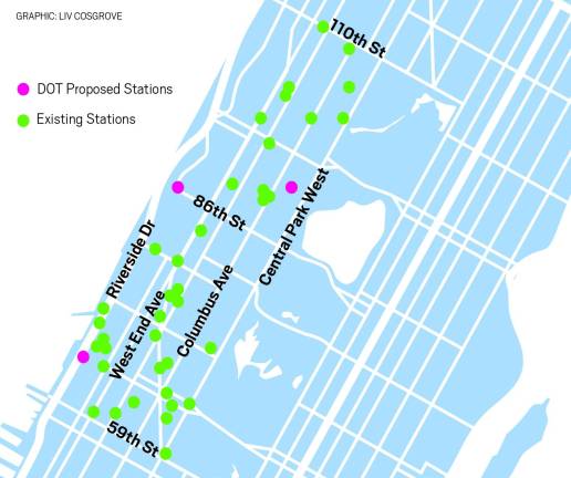A map based on data from the U.S. Dept of Energy and the NYC DOT shows the location of existing and proposed EV charging stations on the Upper West Side.