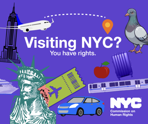 The New York City Commission on Human Rights’ graphic for their new “<u><a rel=nofollow href=https://www.nyc.gov/site/cchr/media/nycvisitors.page>Visitors’ Rights in NYC</a></u>” resource hub, which they encourage viewers to share and spread online.