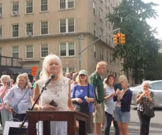 Siobhan McCourt, daughter of Malachy McCourt, spearheaded a drive with City Council Member Gale Brewer to get West 93rd Street and West End Avenue renamed Malachy McCourt Lane.