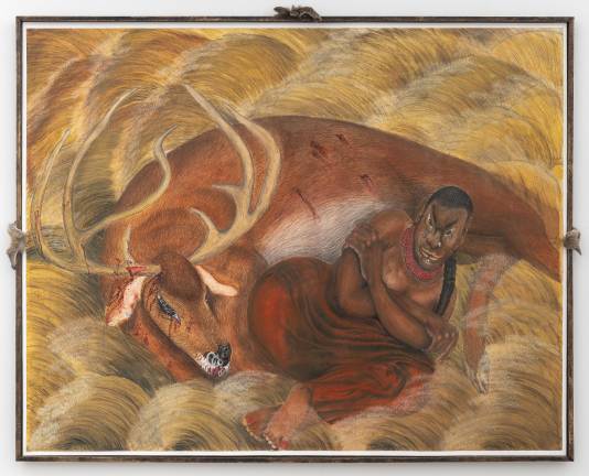 Utē Petit, “Red Bed Country,” 2023.Watercolor, ink, graphite on paper with wood frame is included in “Fade” at the Studio Museum in Harlem. Courtesy the artist and Swivel Gallery.