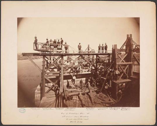 Top of Brooklyn Pier at Fifth Course Above Roadway, 1872. Photo: Silas A. Holmes, albumen silver print. Museum of the City of New York. Gift of Mr. Shirley C. Burden.