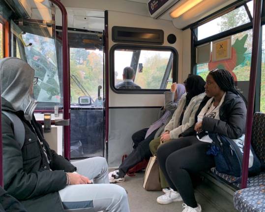 On the Stourbridge Town rail shuttle, part of the Birmingham UK rail system, one of four visible riders was wearing a mask. The U.K. has now made masks mandatory on public transportation; when the picture was taken, mask-wearing was suggested. Photo: Ralph Spielman