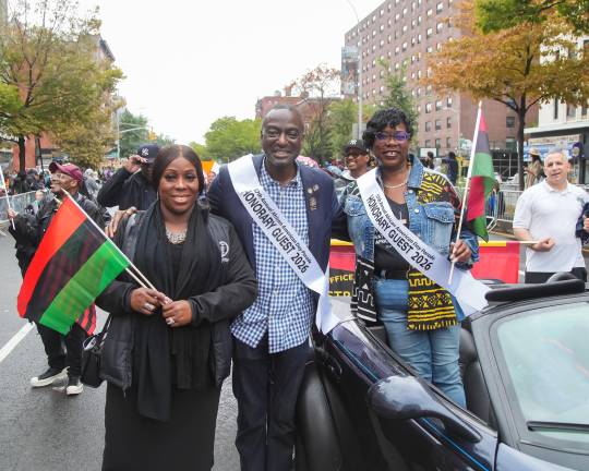 Bronx Borough President Vanessa Gibson, Council Member Yousef Salaam and Bronx DA Darcel Clarke at African-American Day Parade, Sept. 20.
