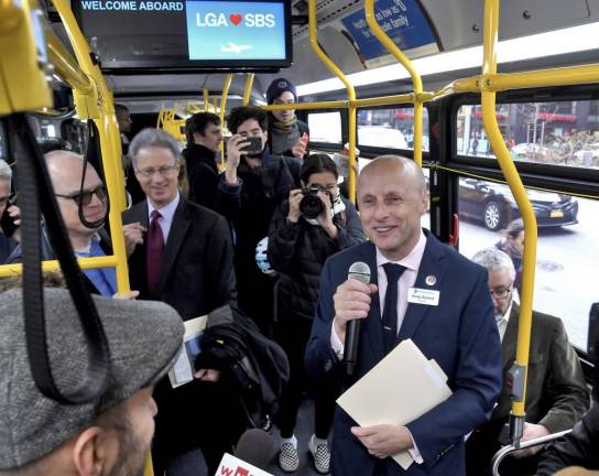 New York City Transit President Andy Byford announcing the launch of Automated Bus Lane Enforcement (ABLE) technology on the M15-SBS on October 17, 2019.