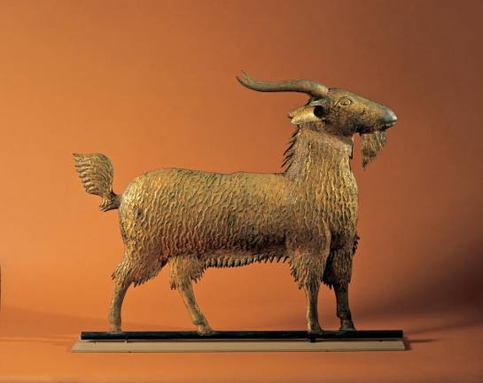 Goat. Artist unidentified. Northeastern United States c. 1880. Molded and sheet copper with yellow sizing and gold leaf 25 x 31 in.; depth of horns, 4 in. Collection of Julie and the late Carl M. Lindberg. Photo: Gavin Ashworth; courtesy Allan Katz Americana, Madison, CT