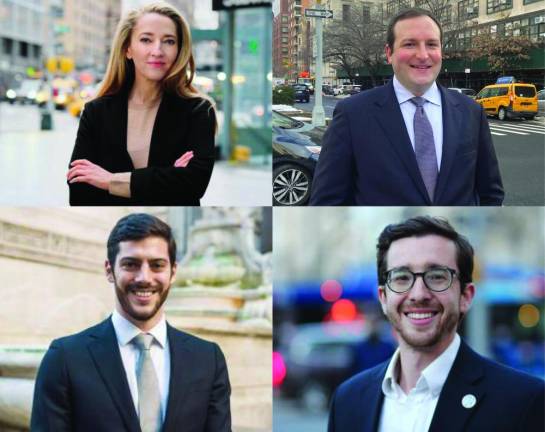 Candidates in the 73rd AD race (clockwise from top left): Kellie Leeson, Russell Squire, Adam Roberts and Alex Bores. Photos courtesy of the candidates’ campaigns