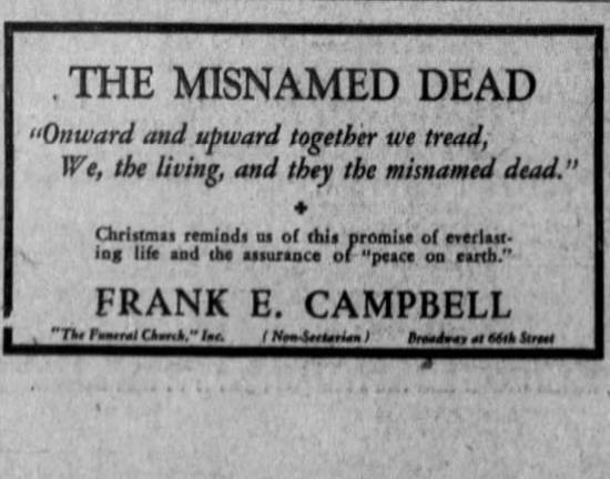 Frank E. Campbell, “The Funeral Church” Inc. ad from Brooklyn Daily Eagle, Dec. 28, 1928.