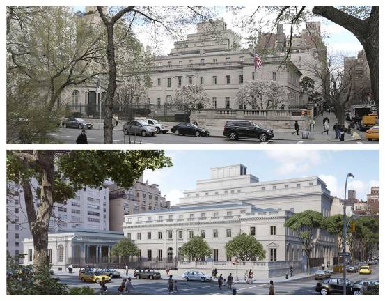 A recent photograph of The Frick Collection (above) juxtaposed with a rendering of the proposed plan illustrating the same view (below). Photograph Michael Bodycomb; artist&#x2019;s rendering courtesy Neoscape Inc., 2014.