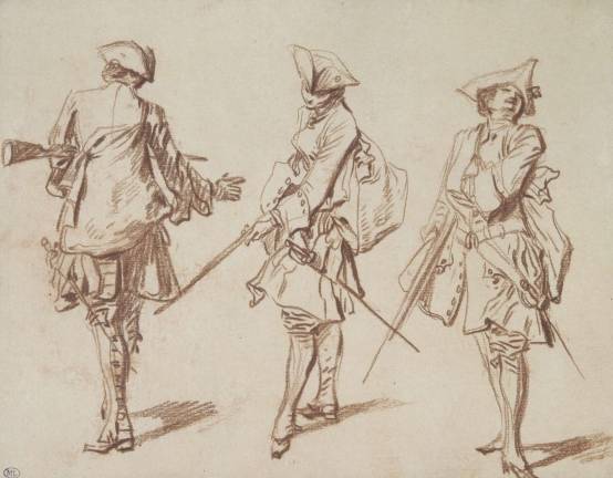 Jean-Antoine Watteau (1684&#x2013;1721). &quot;Three Views of a Soldier, One from Behind,&quot; ca. 1713&#x2013;15. Red chalk, with black ink framing. 6 3/4 &#xd7; 8 5/8 inches. Muse&#xb4;e du Louvre, Paris (RF 51752). Photo: &#xa9; RMN-Grand Palais / Art Resource, NY