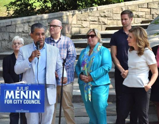 Rep. Adriano Espaillat at Sunday’s rally for Julie Menin. Photo: Emily Higginbotham