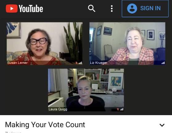 Screenshot of State Senator Liz Krueger’s Town Hall event, with Susan Lerner, executive director of Common Cause New York. Photo via Senator Liz Krueger on Twitter