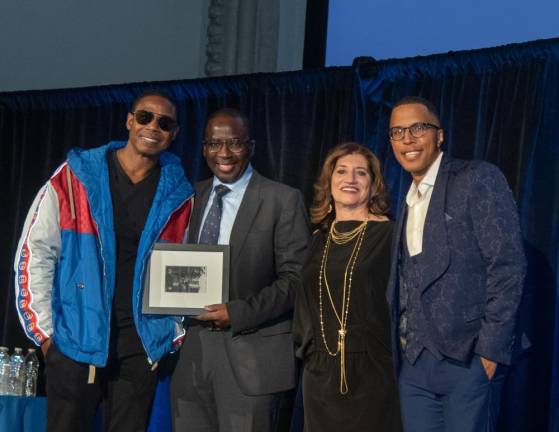 From left: Rising Leaders Award Recipients Doug E. Fresh and Dr. Olajide Williams, Dr. Judith Salerno, Henri Pierre-Jacques. Photo: Ben Asen Photography Inc.