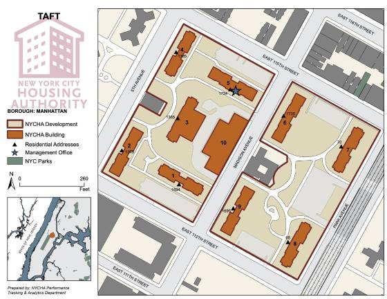 Taft Houses in East Harlem, a NYCHA complex included in D.A. Bragg’s indictment.