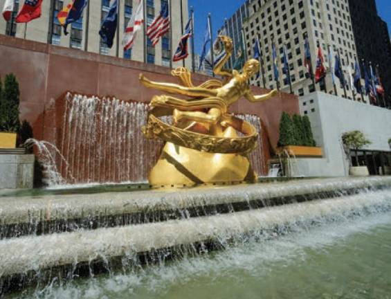 The colossal Art Deco <i>Prometheus</i> is an 18-foot-tall, eight-ton gilded bronze creation that has presided over the Lower Plaza of Rockefeller Center since the statue’s installation in 1934.