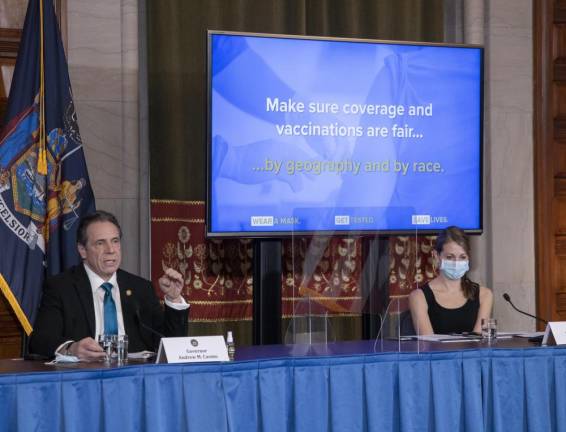 Governor Andrew M. Cuomo provides a coronavirus update at the State Capitol on February 19, 2021. Photo: Mike Groll / Office of Governor Andrew M. Cuomo