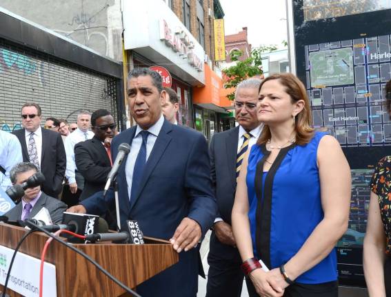 Espaillat, at podium, with City Council Speaker Melissa Mark-Viverito. Photo: Marc A. Hermann / MTA New York City Transit