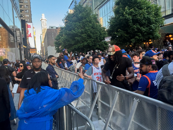 Knicks fans were allowed to gather for an outdoor watch party outside Madison Square Garden for game 1 after the NYPD granted permission at the last minute. Security was tight and is expected to be even tighter if President Donald Trump makes it to Game 3 at MSG.
