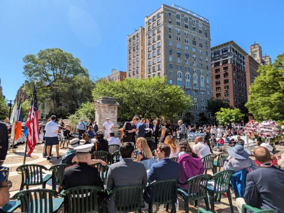Dignitaries before the ceremony, looking toward Riverside Drive.