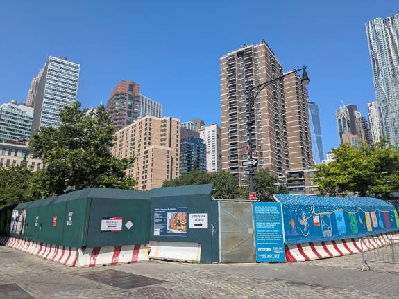 The empty lot at 250 Water St. Art wall at right makes the blight somewhat less blighty.