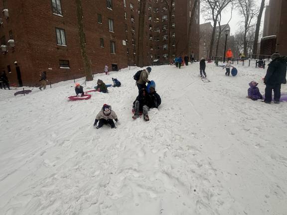 Children sled on a hill in Stuyvesant Town on Jan. 25.