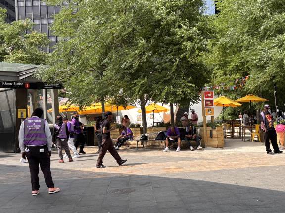 Vendors in purple shirts wait for customers near South Ferry in Battery Park.