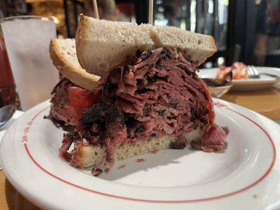 Here it is, the prize of the old pastrami war between the former Stage Deli, and the reopened Carnegie Deli in that old space. Either share this with another companion, or be prepared to take half home. The firm bread is tasty and doesn’t break from the weight of the hot meat.