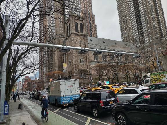 A congestion pricing gantry on 9th Ave., which will be used to collect tolls cars driving into the zone below 60th St.