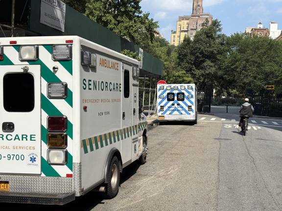 A Mount Sinai ambulance and a Seniorcare ambulance regularly park in the ambulance spaces that are still reserved for the vehicles outside the former Beth Israel Hospital on E. 16th St. even thoungh Mount Sinai shut the facility completely in early April. There is no longer an emergency room and there are no patients inside.