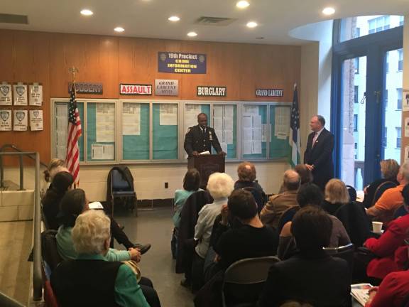 Deputy Inspector Clint McPherson, the 19th Precinct's new commander, speaks to residents on May 2. Photo: Madeleine Thompson