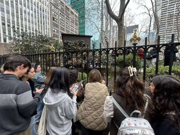 A crowd stands around the gate at Bryant Park to admire and take pictures of the bird.