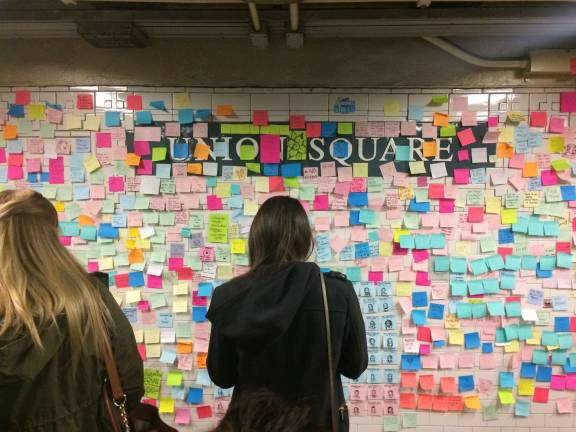 Following the Nov. 8 election, people were asked to post their sentiments on the walls of the Union Square subway station as part of a artist Matthew Chavez's &quot;subway therapy&quot; project. Photo: Allison Meier, via flickr