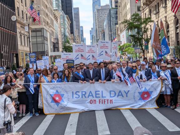 Israel Day Parade politicians in their cordon, Dan Goldman, Letita James, Kathy Hocal at left.