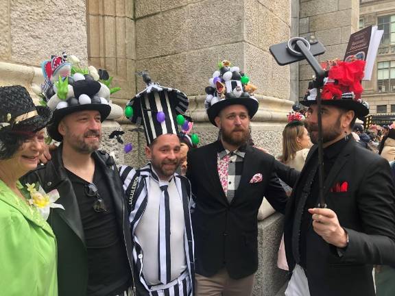 <b>Susan Sims Fletcher (far left) hobnobs on the steps of St. Patrick’s Cathedral with a quartet sporting a Beetles Juice theme including (left to right) Brad Bessington from Australian and locals Sullivan O’Connor, John Brannon and Scott Rogers.</b> Photo: Keith J. Kelly