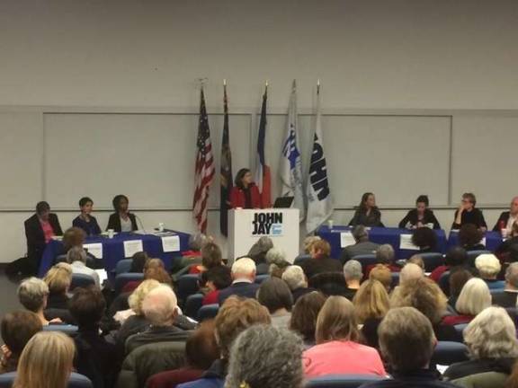 Councilwoman Helen Rosenthal moderated a Dec. 8 panel with speakers from human rights organizations before a standing-room-only crowd at John Jay College. Photo courtesy of Rosenthal's office