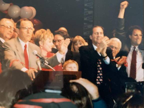 Election night 1993: Mayor-elect Giuliani at mic with communications director Ken Frydman, who became a Rudy critic and then a contributing producer on CNN doc, to Giuliani’s right. Photo courtesy of Ken Frydman