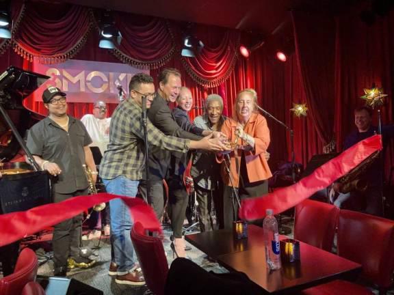At the reopening of Smoke Jazz Club (center, left to right): Council Member Shaun Abreu, Smoke co-owners Paul Stache and Molly Johnson, jazz drummer Al Foster and Council Member Gale Brewer. Photo courtesy of Shaun Abreu