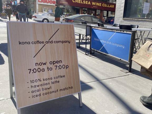 Sidewalk sign for new Chelsea location of Kona Coffee &amp; Company. Photo: Ava Manson