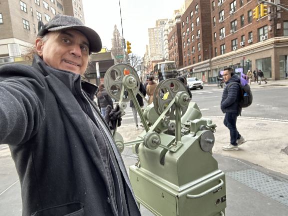 Denny Daniel with the Moviola that is now featured in <i>Good Night, and Good Luck</i> on Broadway.