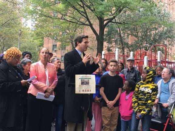 From left, Holmes Towers resident Saundrea Coleman, Manhattan Borough President Gale Brewer and Council Member Ben Kallos spoke out Saturday against a plan to demolish a playground to build new housing. Photo: Madeleine Thompson