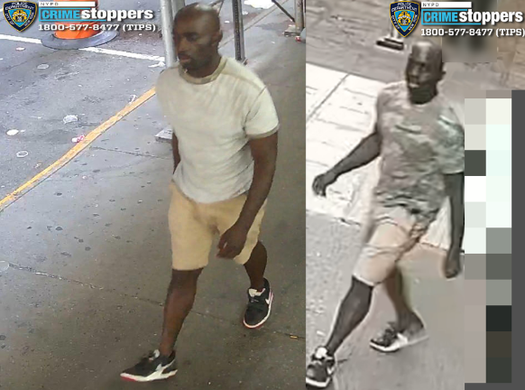 Two surveillance shots of a man wanted for attempted rape on Labor Day near Broadway and West 36th Street. The shirt on the left may have been turned inside out.