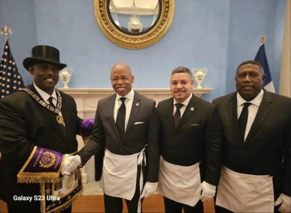 Worshipful Master State Senator Kevin Parker with new Master Masons Eric Adams, Edward Caban, and Geoffrey Maddrey at Gracie Mansion, September 2023.