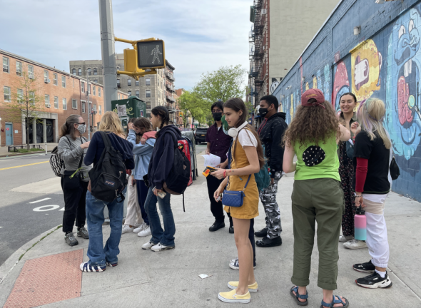 Youth sensor walk en route to East River Park from Sixth Street Community Center, May 2022. Photo: Wendy E Brawer